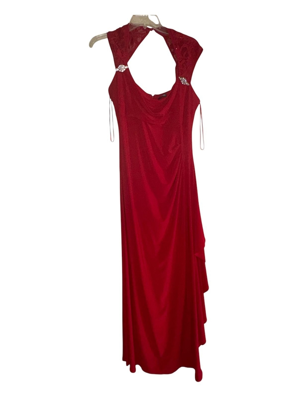 R&M Richards Red Draped Midi Dress with Lace Cap Sleeves - Picture 3 of 5